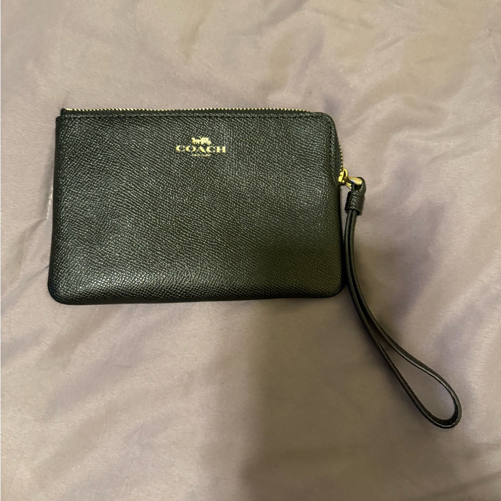Coach Dark Leather Wristlet with Gold Accents